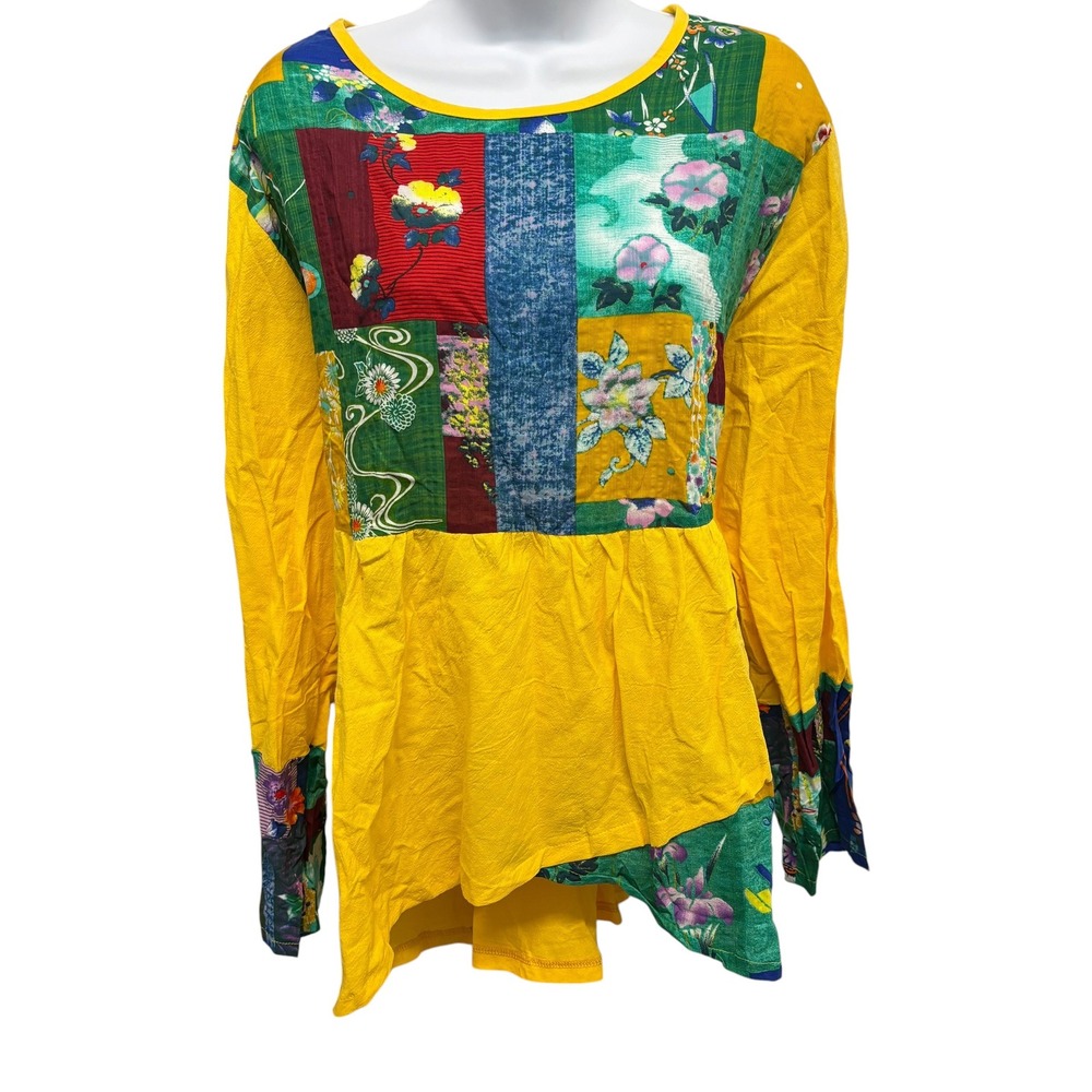 Yellow Patchwork Floral Lagenlook Tunic Top Long Sleeve Asymmetrical 2XL